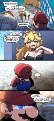 Rule 34 | ..., 1boy, 1girl, 4koma, :d, absurdres, armlet, blonde hair, blue eyes, bowsette, brown hair, carillus, castle, comic, commentary, english commentary, english text, facial hair, gloves, highres, horns, laughing, long hair, mario, mario (series), merryweather, mustache, new super mario bros. u deluxe, nintendo, open mouth, overalls, ponytail, red headwear, red shirt, shirt, smile, speech bubble, spiked armlet, spoken ellipsis, super crown, thick eyebrows, v-shaped eyebrows, white gloves