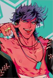 Rule 34 | 1boy, battle tendency, blue eyes, blue hair, dog tags, hand wraps, jacket, jewelry, jojo no kimyou na bouken, joseph joestar, joseph joestar (young), male focus, muscular, muscular male, nipples, no shirt, off shoulder, pointing, pointing down, ring, sarashi, solo, suzuri513, tongue, tongue out