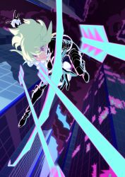 Rule 34 | 1boy, apollo hotori, arrow (projectile), belt, black footwear, black gloves, bow (weapon), building, closed mouth, eyes visible through hair, firing, frills, gloves, glowing, glowing weapon, gradient sky, green hair, hair between eyes, highres, holding, holding bow (weapon), holding weapon, light green hair, lio fotia, male focus, outdoors, promare, purple eyes, sky, smoke, solo, weapon