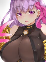 Rule 34 | 10s, 1girl, bare shoulders, blush, breasts, cleavage, fate/extra, fate/extra ccc, fate (series), female focus, gauntlets, gradient background, hair ornament, hair ribbon, highres, huge breasts, long hair, looking at viewer, o-ring, open mouth, passionlip (fate), purple eyes, purple hair, rai (sakuranbo sugar), ribbon, see-through, simple background, solo, standing, upper body, weapon