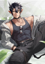 Rule 34 | 1boy, absurdres, arknights, armpits, black collar, black hair, black tank top, collar, covered abs, demon boy, demon horns, demon tail, earrings, feet out of frame, flamebringer (arknights), hair between eyes, highres, horns, jacket, jacket partially removed, jewelry, male focus, midriff peek, multiple earrings, muscular, muscular male, nanyu1998, nipple slip, nipples, paid reward available, pectoral cleavage, pectorals, pointy ears, short hair, sidepec, sitting, solo, spread legs, tail, tank top, toned, toned male