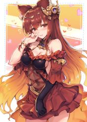 Rule 34 | 1girl, animal ears, anthuria, black gloves, bracelet, braid, breasts, cleavage, covered navel, cowboy shot, dress, elbow gloves, erune, gloves, gradient hair, granblue fantasy, hair between eyes, hand to own mouth, haoni, headpiece, heart, heart-shaped pupils, highres, jewelry, long hair, looking at viewer, medium breasts, multicolored hair, orange hair, red dress, red eyes, red hair, short dress, side braid, sidelocks, single elbow glove, solo, symbol-shaped pupils