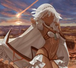 Rule 34 | 1girl, altera (fate), arm up, armpits, bad id, bad pixiv id, black nails, blunt bangs, breasts, brown eyes, canyon, choker, closed mouth, collarbone, dark-skinned female, dark skin, day, expressionless, fate/grand order, fate (series), fingernails, full-body tattoo, headdress, hip focus, light trail, looking at viewer, midriff, multicolored sky, nail polish, navel, outdoors, pubic tattoo, revealing clothes, rock, short hair, skirt, sky, small breasts, solo, standing, stomach, stomach tattoo, sun, tan, tattoo, teke (exploration), thighs, veil, white hair, white skirt