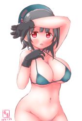 Rule 34 | 10s, 1girl, arm up, bare shoulders, beret, bikini, bikini top only, black gloves, black hair, blush, breasts, dated, gloves, hat, highres, kanon (kurogane knights), kantai collection, large breasts, navel, no panties, open mouth, red eyes, short hair, simple background, solo, swimsuit, takao (kancolle), white background