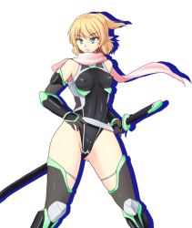 Rule 34 | &gt;:(, 1girl, alternate costume, arm guards, armor, bare shoulders, belt, belt skirt, black gloves, black thighhighs, blonde hair, bodysuit, breasts, cosplay, covered erect nipples, elbow gloves, floating hair, frown, gloves, greaves, green eyes, groin, half updo, highleg, highleg leotard, holding, holding weapon, impossible clothes, impossible leotard, isaki (gomi), katana, legs apart, leotard, looking to the side, medium breasts, mizuhashi parsee, ninja, parody, pointy ears, scarf, serious, shadow, sheath, sheathed, short hair, simple background, skin tight, solo, standing, sword, taimanin (series), taimanin asagi, taimanin suit, thigh strap, thighhighs, touhou, v-shaped eyebrows, vambraces, weapon, white background