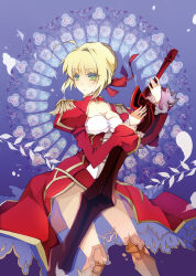 Rule 34 | 10s, 1girl, aestus estus, ahoge, blonde hair, breasts, cleavage, dress, epaulettes, fate/extra, fate (series), green eyes, hair ribbon, junejevons, nero claudius (fate), nero claudius (fate) (all), nero claudius (fate/extra), ribbon, see-through, solo, sword, weapon
