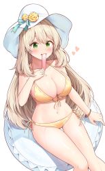 Rule 34 | 1girl, :d, absurdres, bad id, bad pixiv id, bare shoulders, bikini, blonde hair, blue archive, blue ribbon, blush, bracelet, breasts, cleavage, collarbone, commentary, flower, food, front-tie bikini top, front-tie top, green eyes, hair between eyes, halterneck, hand up, hat, hat flower, heart, highres, hinen, holding, holding food, innertube, jewelry, large breasts, long hair, looking at viewer, navel, nonomi (blue archive), nonomi (swimsuit) (blue archive), open mouth, popsicle, ribbon, side-tie bikini bottom, sidelocks, sitting, skindentation, smile, solo, stomach, sun hat, swim ring, swimsuit, thigh gap, very long hair, wet, white background, white hat, yellow bikini, yellow flower