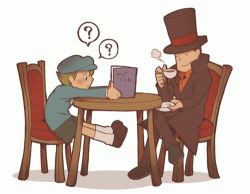 Rule 34 | 00s, 2boys, ?, book, chair, child, closed eyes, full body, hat, hershel layton, level-5, lowres, luke triton, male focus, multiple boys, open book, professor layton, reading, simple background, sitting, smile, spoken question mark, table, tea, top hat, white background