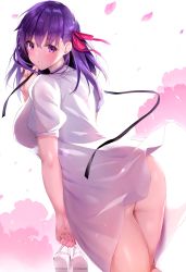 Rule 34 | 1girl, absurdres, ass, blue gk, blush, breasts, dress, fate/stay night, fate (series), unworn footwear, hair between eyes, hair ribbon, highres, huge ass, large breasts, long hair, looking at viewer, looking back, matou sakura, parted lips, petals, purple eyes, purple hair, ribbon, shoes, unworn shoes, simple background, slippers, solo, thick thighs, thighs, white background, white dress, wind, wind lift