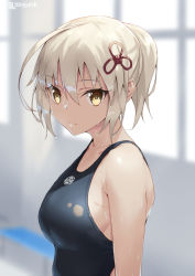 Rule 34 | 1girl, blonde hair, breasts, closed mouth, collarbone, commentary request, competition swimsuit, fate (series), hair ornament, highres, jonsun, koha-ace, medium breasts, okita souji (fate), okita souji alter (fate), okita souji alter (first ascension) (fate), one-piece swimsuit, ponytail, short hair, solo, swimsuit, tassel, twitter username, upper body, wet, wet hair, yellow eyes