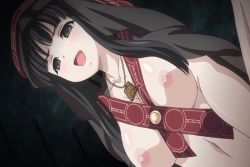 Rule 34 | 1girl, animated, animated gif, black eyes, black hair, blunt bangs, blush, bouncing breasts, breasts, character request, cloak, clockup, dutch angle, euphoria (clockup), implied sex, jewelry, large breasts, long hair, naked cloak, nipples, pendant, underwear