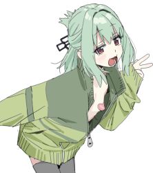 Rule 34 | 1boy, absurdres, androgynous, black thighhighs, commentary request, green hair, green jacket, hair intakes, hand up, highres, imamura ryou, jacket, leaning forward, long sleeves, looking at viewer, medium hair, open clothes, open jacket, open mouth, otori-tan, pasties, red eyes, seitokai nimo anawa aru!, simple background, sleeves past wrists, solo, thighhighs, trap, v, white background, zipper pull tab