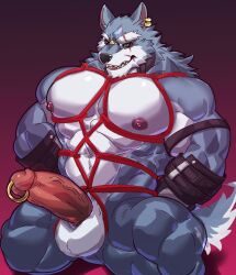 Rule 34 | 1boy, abs, absurdres, animal ears, bara, bdsm, black collar, black gloves, bondage, bound, bound arms, collar, commentary, dislyte, earrings, english commentary, erection, fangs, freddy (fenrir) (dislyte), furry, furry male, gloves, highres, istani, jewelry, looking at viewer, male focus, muscular, muscular male, nipples, nude, open mouth, paid reward available, pectorals, penis, penis piercing, piercing, scar, scar across eye, scar on face, scar on mouth, shibari, sunglasses, tail, testicles, wolf boy, wolf ears, wolf tail, yellow eyes