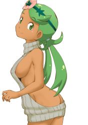 Rule 34 | 1girl, ass, backless outfit, bare arms, bare shoulders, blush stickers, breasts, butt crack, closed mouth, covered erect nipples, cowboy shot, creatures (company), dress, flower, from side, game freak, green eyes, green hair, grey sweater, hair flower, hair ornament, long hair, looking at viewer, looking to the side, low twintails, mallow (pokemon), medium breasts, meme attire, naked sweater, nintendo, no bra, no panties, pokemon, pokemon sm, sideboob, simple background, sleeveless, sleeveless turtleneck, smile, solo, standing, sweater, sweater dress, swept bangs, tareme, tof, turtleneck, twintails, virgin killer sweater, white background