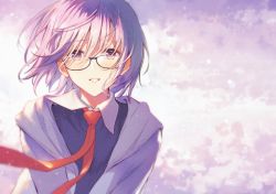 Rule 34 | 1girl, black-framed eyewear, blurry, blush, commentary request, depth of field, fate/grand order, fate (series), glasses, gradient background, grey jacket, hair between eyes, haru (hiyori-kohal), jacket, looking at viewer, mash kyrielight, necktie, open clothes, open jacket, parted lips, purple background, purple eyes, purple hair, red necktie, short hair, smile, solo, upper body
