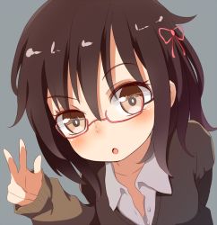 Rule 34 | 1girl, :o, bad id, bad pixiv id, blue background, brown eyes, brown hair, cupen, glasses, hair ornament, hair ribbon, looking at viewer, original, ribbon, short hair, simple background, solo