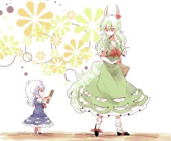 Rule 34 | 2girls, 6 (yuchae), breasts, cleavage, dress, dual persona, ex-keine, green hair, highres, horn ornament, horn ribbon, horns, kamishirasawa keine, multiple girls, outstretched arms, red eyes, ribbon, scroll, time paradox, touhou, white hair, aged down