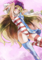 Rule 34 | 1girl, adapted costume, alternate legwear, american flag dress, american flag legwear, american flag swimsuit, armpits, arms up, asymmetrical clothes, blonde hair, clownpiece, dress, grin, hat, jester cap, one-piece swimsuit, purple background, red eyes, short dress, smile, solo, star (symbol), striped clothes, striped one-piece swimsuit, striped thighhighs, swimsuit, thighhighs, touhou, v-shaped eyebrows, yohane