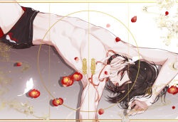 Rule 34 | 1boy, arm up, ayn alwyn, black choker, black hair, black shorts, blush, bug, butterfly, camellia, choker, covered mouth, covering own mouth, cowboy shot, falling petals, flower, hair between eyes, hand up, highres, insect, looking at viewer, looking to the side, lovebrush chronicles, lying, male focus, male swimwear, nieorst, no nipples, on back, petals, red eyes, red flower, red ribbon, ribbon, short hair, shorts, solo, swim trunks, topless male, water, white background
