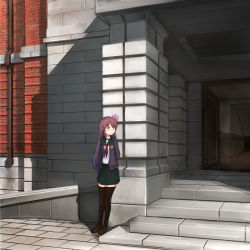Rule 34 | 10s, 1girl, absurdres, against wall, arms behind back, black thighhighs, blush, brick wall, brown eyes, brown footwear, brown hair, cardigan, chamu (chammkue), closed mouth, collarbone, crescent, door, drainpipe, green skirt, hair ornament, highres, kantai collection, kisaragi (kancolle), kisaragi kai ni (kancolle), loafers, long hair, looking to the side, neckerchief, open cardigan, open clothes, open door, outdoors, pleated skirt, sailor collar, shadow, shirt, shoes, skirt, smile, solo, stairs, standing, thighhighs, white shirt, zettai ryouiki