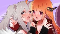 Rule 34 | 2girls, ahoge, animal ears, arm around shoulder, bare shoulders, blonde hair, blunt bangs, breasts, cheek-to-cheek, cleavage, close-up, collarbone, commentary request, dragon girl, dragon horns, dragon tail, eyes visible through hair, fang, fur-trimmed jacket, fur trim, grey eyes, grey hair, hair between eyes, hair ornament, hairclip, hand on another&#039;s shoulder, hand up, heads together, highres, holding, holding hair ornament, hololive, hood, hood down, hooded track jacket, horns, isuka, jacket, kiryu coco, kiryu coco (loungewear), lion ears, lion tail, long hair, long sleeves, looking at viewer, looking to the side, multicolored hair, multiple girls, official alternate costume, open mouth, orange hair, pointy ears, purple background, red eyes, red jacket, shishiro botan, shishiro botan (1st costume), sidelocks, signature, simple background, sleeves past wrists, streaked hair, tail, track jacket, unworn hair ornament, unworn hairclip, upper body, virtual youtuber