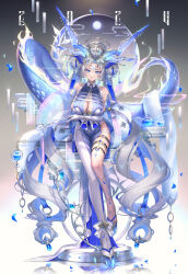 Rule 34 | 1girl, 2024, asymmetrical clothes, bare shoulders, blue dress, blue eyes, blue scales, breasts, chinese zodiac, cleavage, cleavage cutout, clothing cutout, diadem, double bun, dragon girl, dragon tail, dress, fur shawl, grey hair, hair bun, hand fan, highres, horns, large breasts, long hair, looking at viewer, new year, original, parted lips, shawl, shigaraki (strobe blue), sideboob, solo, tail, very long hair, very long tail, year of the dragon