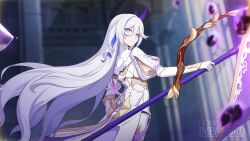 Rule 34 | 1girl, chinese commentary, closed mouth, formal, gloves, hair between eyes, hare (honkai impact), highres, holding, holding polearm, holding weapon, honkai (series), honkai impact 3rd, long hair, official art, official wallpaper, polearm, smile, solo, standing, suit, upper body, weapon, white gloves, white hair, white sleeves, white suit
