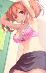 Rule 34 | 1girl, adjusting hair, armpits, arms up, bra, breasts, brown eyes, brown hair, cleavage, grin, guchico, hataraku maou-sama!, large breasts, long hair, mouth hold, navel, sasaki chiho, scrunchie, skirt, smile, solo, twintails, underwear