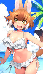 Rule 34 | 1girl, :d, animal ear fluff, animal ears, bare shoulders, beach, bikini, blue sky, breasts, brown hair, cloud, collarbone, dated, day, dhole (kemono friends), dog ears, dutch angle, extra ears, fang, frilled bikini, frills, front-tie bikini top, front-tie top, happa (cloverppd), highres, kemono friends, large breasts, looking at viewer, multicolored hair, navel, ocean, open mouth, outdoors, palm tree, short hair, side-tie bikini bottom, signature, sky, smile, solo, swimsuit, tail, thigh gap, tree, two-tone hair, white bikini, white hair, yellow eyes
