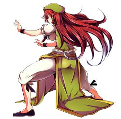 Rule 34 | 1girl, absurdres, ass, baba (baba seimaijo), bow, braid, closed eyes, fighting stance, full body, hair bow, hat, highres, hong meiling, long hair, red hair, shoes, short hair, short sleeves, shorts, simple background, smile, solo, star (symbol), touhou, twin braids, very long hair, white background, wristband