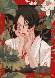 Rule 34 | 1boy, absurdres, bob cut, border, brown eyes, brown hair, closed mouth, commentary request, fingernails, fish, flower, hands on own face, highres, japanese clothes, kagoya1219, kimono, leaf, lily pad, looking at viewer, male focus, original, parted hair, partially submerged, red border, sanpaku, signature, solo, upper body, water, water lily flower, white flower, white kimono