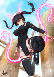Rule 34 | 1girl, :o, adsouto, black footwear, black hair, black shirt, black thighhighs, blue sky, blush, breasts, commentary, covered erect nipples, covered navel, en&#039;en no shouboutai, energy, fiery ears, fiery tail, fire, floating, floating hair, full body, glowing, glowing eyes, gluteal fold, hair between eyes, head tilt, headgear, highres, long hair, long sleeves, looking at viewer, medium breasts, open mouth, purple fire, shirt, shoes, sidelocks, signature, skindentation, skirt, sky, solo, steam, tail, tamaki kotatsu, thighhighs, twintails, white skirt, yellow eyes, zettai ryouiki