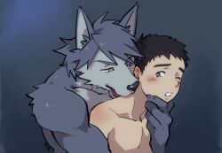 Rule 34 | 2boys, animal ears, artist name, brown eyes, claws, commentary request, dog boy, dog ears, fang, furry, furry male, furry with non-furry, hand on another&#039;s chin, hiroyuki nishimura (morenatsu), hug, hug from behind, imminent bite, interspecies, kouya aotsuki, looking at another, looking back, male focus, morenatsu, multiple boys, one eye closed, shirako (kirupi), yellow eyes
