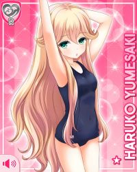 1girl :o arm_up bare_arms barefoot black_one-piece_swimsuit blonde_hair character_name competition_swimsuit girlfriend_(kari) green_eyes long_hair official_art one-piece_swimsuit open_mouth pink_background qp:flapper swimsuit tagme yumesaki_haruko