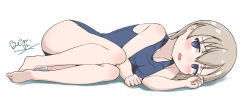 Rule 34 | 1girl, absurdres, blonde hair, blue eyes, blue one-piece swimsuit, blush, breasts, eila ilmatar juutilainen, highres, large breasts, long hair, lying, on side, one-piece swimsuit, open mouth, simple background, solo, strike witches, swimsuit, white background, world witches series, yui5306