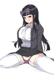 Rule 34 | 1girl, amidori, black hair, black jacket, black ribbon, black skirt, blunt bangs, blush, bow, breasts, collared shirt, commentary request, cookie (touhou), full body, hair bow, highres, hime cut, jacket, large breasts, long hair, looking at viewer, miniskirt, neck ribbon, open mouth, panties, pleated skirt, purple bow, purple eyes, purple panties, ribbon, shirt, shunga youkyu, simple background, sitting, skirt, smile, solo, star sapphire, thighhighs, touhou, underwear, wariza, white background, white shirt, white thighhighs