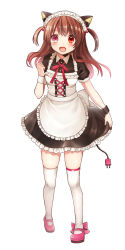 Rule 34 | 1girl, blush, clarinet (natsumi3230), commentary request, highres, kurata rine, long hair, looking at viewer, maid, open mouth, red eyes, simple background, smile, solo, thighhighs, white background, white thighhighs