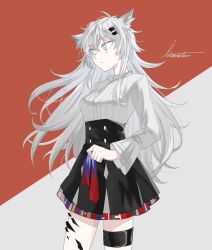 1girl animal_ears arknights artist_name black_skirt blue_eyes bright_pupils closed_mouth commentary_request cowboy_shot floating_hair grey_background grey_hair grey_shirt hair_between_eyes hair_ornament hairclip high-waist_skirt highres holding_necktie itonatsu lappland_(arknights) lappland_the_decadenza_(arknights) long_hair long_sleeves looking_to_the_side material_growth necktie no_jacket official_alternate_costume orange_background oripathy_lesion_(arknights) purple_necktie red_necktie scar scar_across_eye shirt signature simple_background skirt solo standing two-tone_background unworn_necktie white_pupils wolf_ears wolf_girl