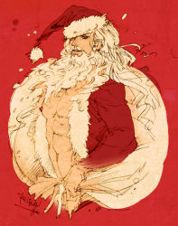 Rule 34 | 1boy, abs, bara, bare pectorals, beard, christmas, cropped torso, facial hair, fur-trimmed jacket, fur trim, hat, holding, holding sack, i reibun, jacket, long beard, long hair, looking at viewer, male focus, mature male, muscular, muscular male, mustache, nipples, old, old man, original, pectorals, red jacket, red theme, sack, santa costume, santa hat, smile, solo, stomach, white hair