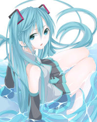 Rule 34 | 1girl, absurdres, aqua eyes, aqua hair, arm support, detached sleeves, hatsune miku, highres, looking back, nemu (nebusokugimi), partially submerged, sitting, skirt, solo, vocaloid, water