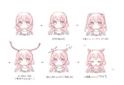 Rule 34 | 1girl, :p, akazaki kokoro, arrow (symbol), blush, braid, cha ipride, closed eyes, closed mouth, commentary request, cone hair bun, cropped torso, dress, hair bun, highres, idoly pride, long hair, pink hair, pink shirt, progression, red eyes, shirt, simple background, sleeveless, sleeveless dress, smile, tongue, tongue out, translation request, twin braids, two side up, upper body, white background, yellow dress