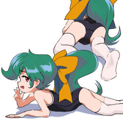 Rule 34 | 1girl, absurdres, ass, blue one-piece swimsuit, character request, chikyuu bouei kazoku, copyright request, from behind, from side, green hair, highres, long hair, lying, mapotofu (crcj7242), on stomach, one-piece swimsuit, ponytail, red eyes, ribbon, school swimsuit, shiratori eren, solo, swimsuit, thighhighs, thighs, v, white thighhighs
