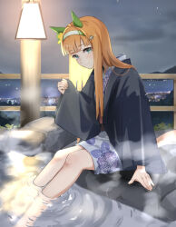 Rule 34 | 1girl, alternate costume, animal ears, aqua eyes, blush, closed mouth, commentary request, ear covers, foot bath, highres, hime cut, horse ears, horse girl, horse tail, japanese clothes, kimono, long hair, looking at viewer, night, night sky, onsen, outdoors, partially submerged, silence suzuka (umamusume), sitting, sky, small-wso6-bell, smile, solo, tail, umamusume, water, yukata