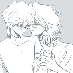 Rule 34 | 2boys, arm strap, commentary, couple, grey background, half-closed eyes, hand on another&#039;s arm, hand up, highres, imminent kiss, jonouchi katsuya, kaiba seto, kakera4205, looking at viewer, male focus, monochrome, multiple boys, parted lips, shirt, short hair, shy, sketch, skin tight, smile, symbol-only commentary, t-shirt, turtleneck, turtleneck shirt, upper body, yaoi, yu-gi-oh!, yu-gi-oh! duel monsters