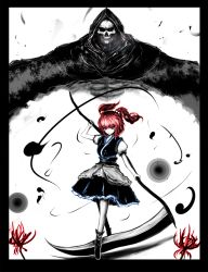 Rule 34 | 1girl, bad id, bad pixiv id, death (entity), female focus, grim reaper, hair bobbles, hair ornament, morise, onozuka komachi, red eyes, red hair, scythe, skull, solo, touhou, twintails, two side up