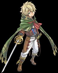 Rule 34 | 1boy, ascot, black gloves, blonde hair, boots, brown footwear, brown pants, cloak, full body, gate of nightmares, gloves, green cloak, green eyes, highres, holding, holding sword, holding weapon, looking at viewer, mashima hiro, official art, oliver (gate of nightmares), pants, rapier, red ascot, short hair, simple background, solo, sword, transparent background, two-tone pants, weapon, white pants