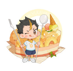 Rule 34 | 1boy, annsmow, ascot, blue shorts, cake, character name, chibi, copyright name, food, fork, fruit, haikyuu!!, hair slicked back, highres, holding, holding fork, holding spoon, ice cream, ice cream cone, leaf, looking at viewer, male focus, minimized, multicolored hair, nishinoya yuu, one eye closed, pineapple, shirt, short hair, short sleeves, shortcake, shorts, socks, solo, spoon, strawberry shortcake, tongue, tongue out, twitter username, two-tone hair, white background, white footwear, white shirt, yellow ascot, yellow eyes, yellow socks