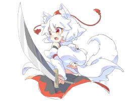 Rule 34 | 1girl, animal ears, bare shoulders, black skirt, breasts, commentary request, cropped legs, detached sleeves, fang, hat, holding, holding sword, holding weapon, inubashiri momiji, large breasts, open mouth, pom pom (clothes), red eyes, red hat, red skirt, shirt, short eyebrows, short hair, simple background, skin fang, skirt, solo, sword, tail, tanasuke, tokin hat, touhou, two-tone skirt, weapon, white background, white hair, white shirt, wolf ears, wolf girl, wolf tail
