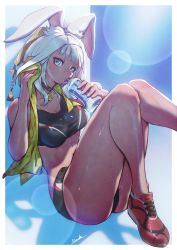 1girl animal_ears blue_eyes bottle breasts choker drinking final_fantasy final_fantasy_xiv highres kionaoki looking_at_viewer making-of_available medium_breasts rabbit_ears short_hair signature solo sports_bikini sweat towel viera warrior_of_light_(ff14) water_bottle white_hair