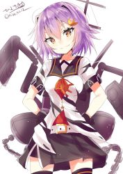 Rule 34 | 1girl, belt, black thighhighs, breasts, brown eyes, chain, closed mouth, gun, hair between eyes, hands on own hips, highres, hizaka, kantai collection, looking at viewer, machinery, medium breasts, one-hour drawing challenge, pink hair, purple hair, ribbon, sailor collar, school uniform, serafuku, shirt, short hair, short sleeves, simple background, smile, solo, tama (kancolle), tama kai ni (kancolle), thighhighs, turret, twitter username, weapon, white background